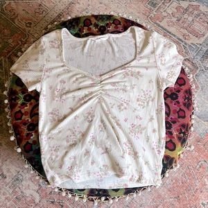 White & pink Floral print, V neck, slightly cropped tshirt